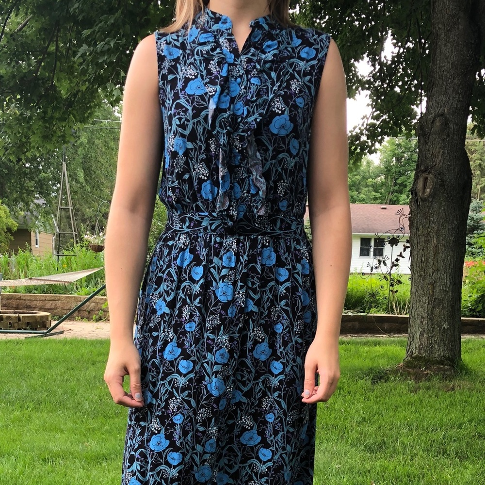 blue and black floral midi dress